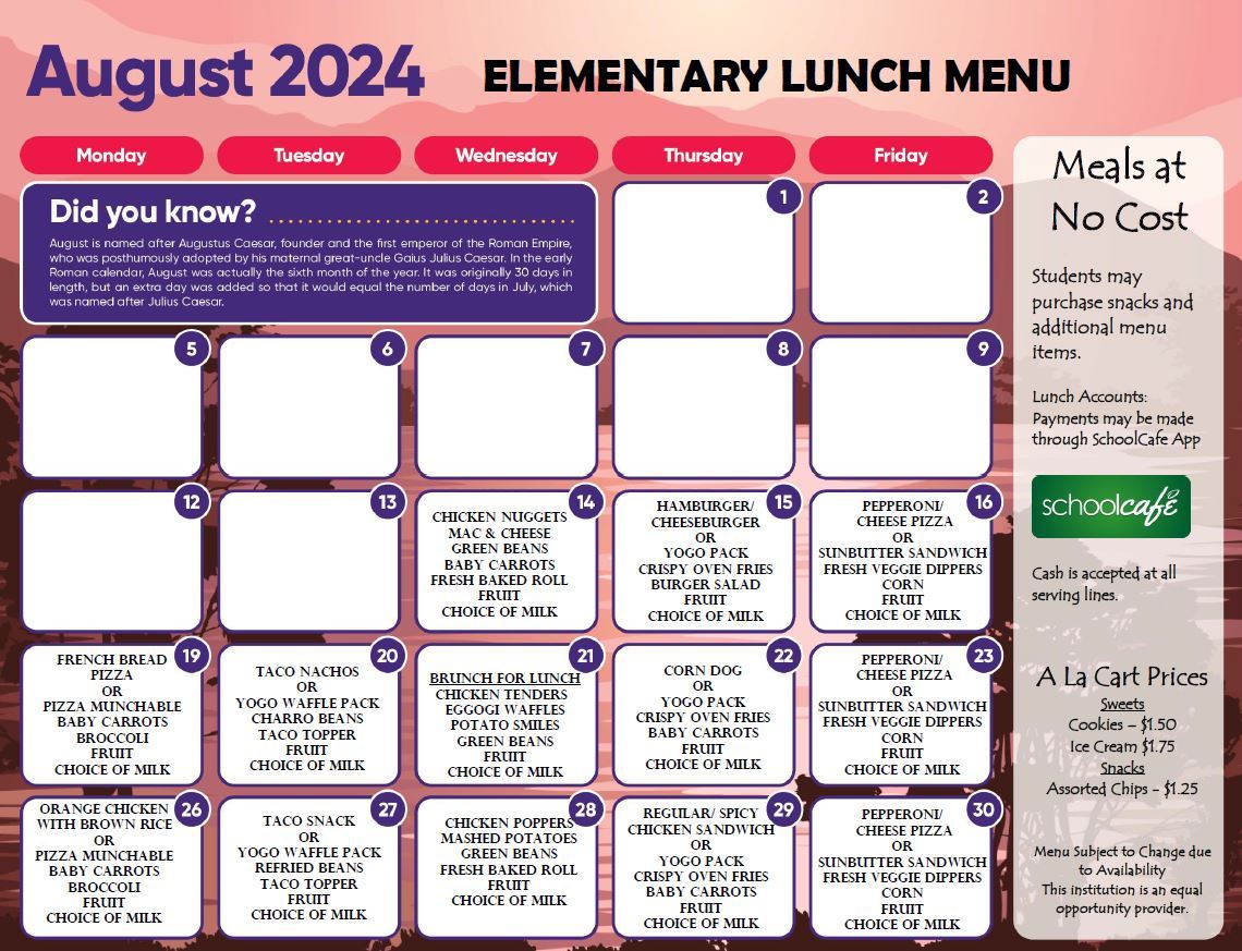 August Elementary Lunch Menu
